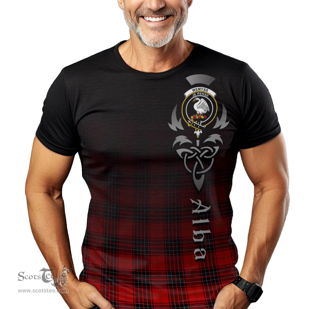 ScotsTee Shop Scottish Wemyss Modern Clan Crest Tartan T Shirt Featuring Alba Gu Brath Scotland Forever and Ever Celtic Cross