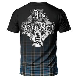 ScotsTee Shop Scottish Thomson Dress Blue Clan Crest Tartan T Shirt Featuring Alba Gu Brath Scotland Forever and Ever Celtic Cross