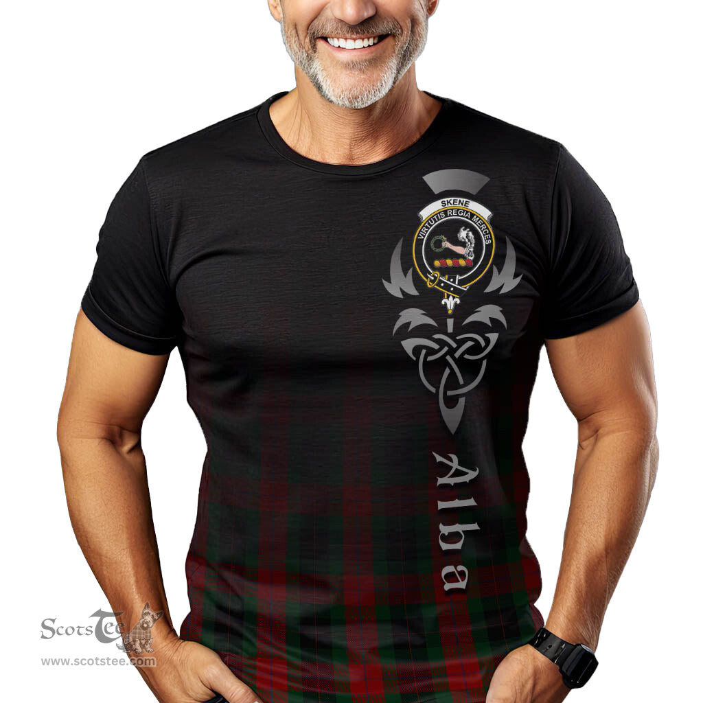 ScotsTee Shop Scottish Skene of Cromar Black Clan Crest Tartan T Shirt Featuring Alba Gu Brath Scotland Forever and Ever Celtic Cross