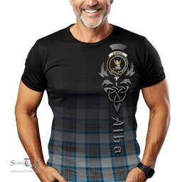 ScotsTee Shop Scottish Stewart Muted Blue Clan Crest Tartan T Shirt Featuring Alba Gu Brath Scotland Forever and Ever Celtic Cross