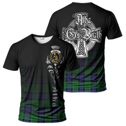 ScotsTee Shop Scottish Monteith Clan Crest Tartan T Shirt Featuring Alba Gu Brath Scotland Forever and Ever Celtic Cross