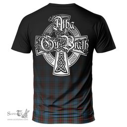 ScotsTee Shop Scottish Stewart Royal Blue Clan Crest Tartan T Shirt Featuring Alba Gu Brath Scotland Forever and Ever Celtic Cross