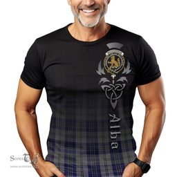 ScotsTee Shop Scottish MacPherson Dress Blue Clan Crest Tartan T Shirt Featuring Alba Gu Brath Scotland Forever and Ever Celtic Cross