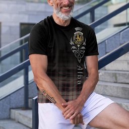 ScotsTee Shop Scottish MacPherson Hunting Ancient Clan Crest Tartan T Shirt Featuring Alba Gu Brath Scotland Forever and Ever Celtic Cross