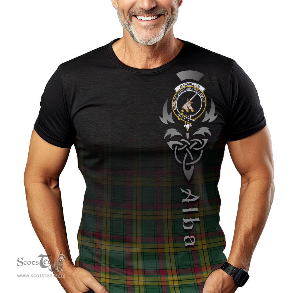 ScotsTee Shop Scottish MacMillan Old Ancient Clan Crest Tartan T Shirt Featuring Alba Gu Brath Scotland Forever and Ever Celtic Cross