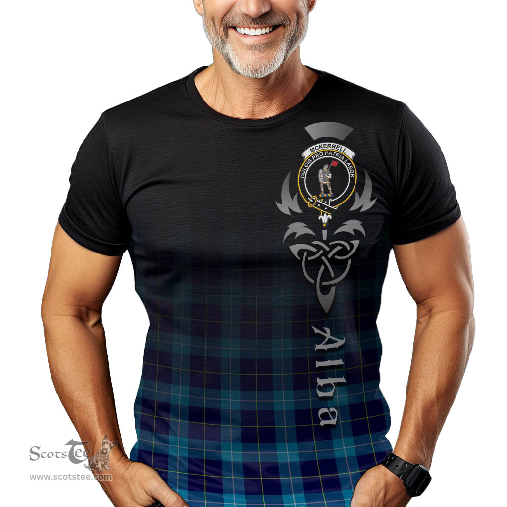 ScotsTee Shop Scottish McKerrell Clan Crest Tartan T Shirt Featuring Alba Gu Brath Scotland Forever and Ever Celtic Cross