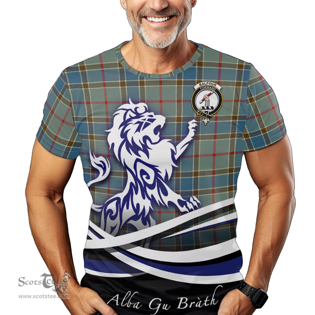 ScotsTee Shop Scottish Balfour Blue Clan Crest Tartan T Shirt Alba Gu Brath Regal Lion Emblem