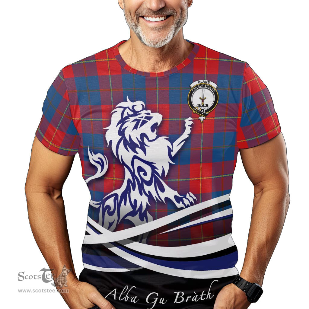 ScotsTee Shop Scottish Blane Clan Crest Tartan T Shirt Alba Gu Brath Regal Lion Emblem
