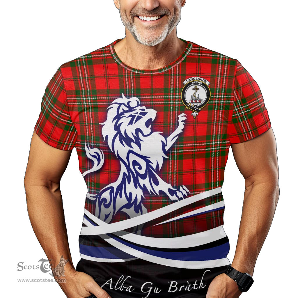 ScotsTee Shop Scottish Langlands Clan Crest Tartan T Shirt Alba Gu Brath Regal Lion Emblem