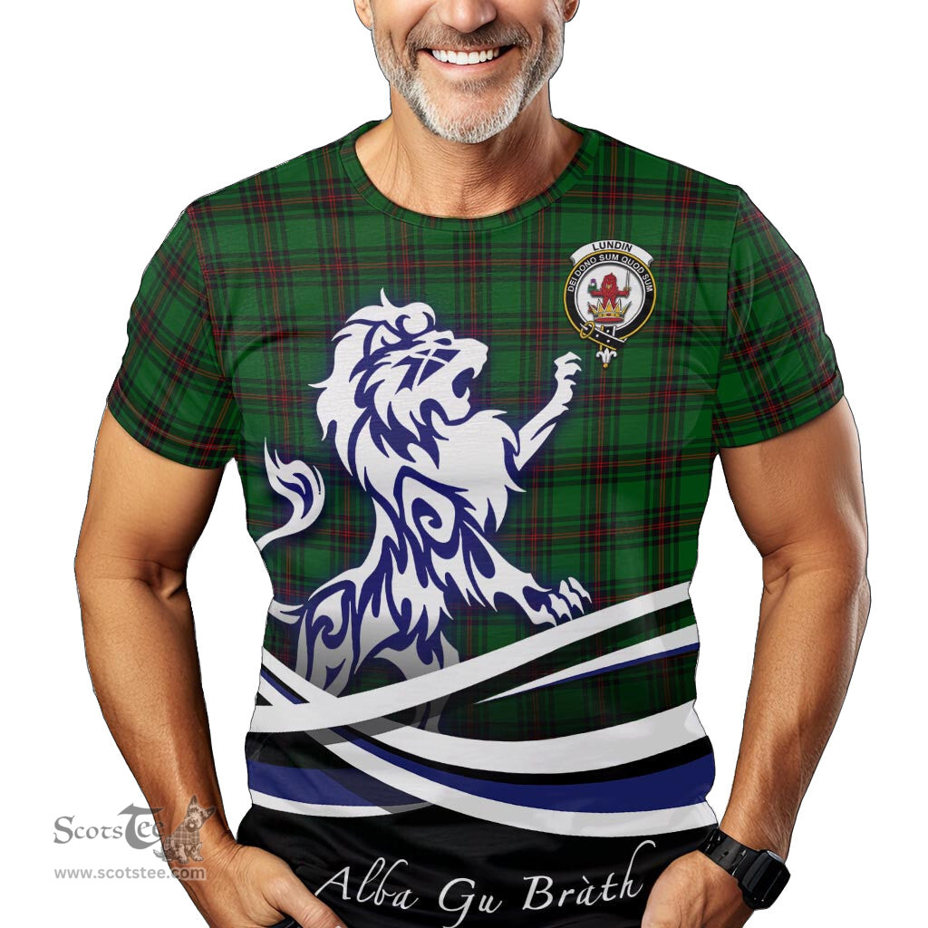 ScotsTee Shop Scottish Lundin Clan Crest Tartan T Shirt Alba Gu Brath Regal Lion Emblem