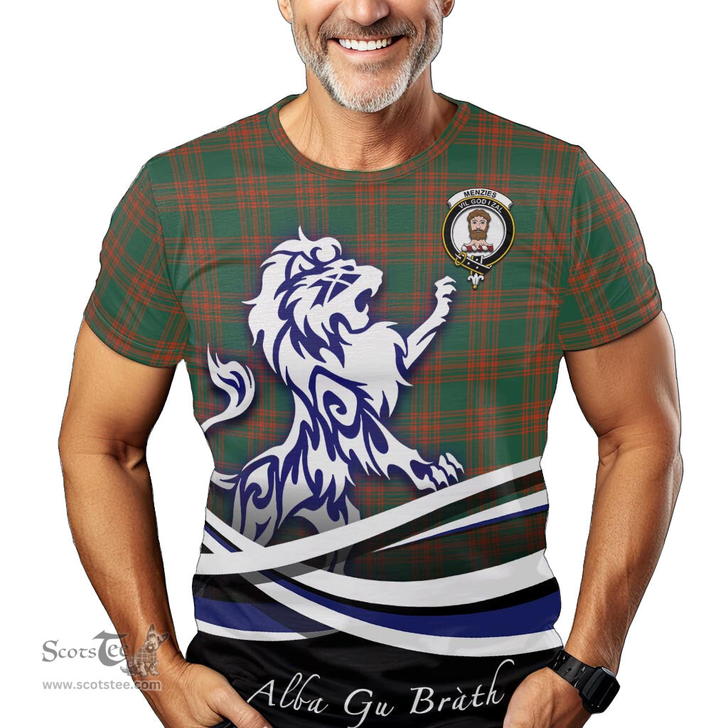 ScotsTee Shop Scottish Menzies Green Ancient Clan Crest Tartan T Shirt Alba Gu Brath Regal Lion Emblem