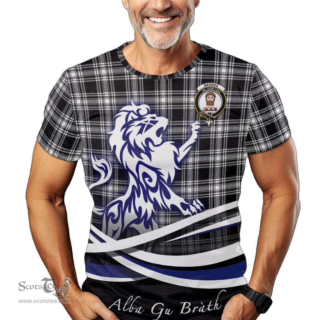 ScotsTee Shop Scottish Menzies Black and White Clan Crest Tartan T Shirt Alba Gu Brath Regal Lion Emblem