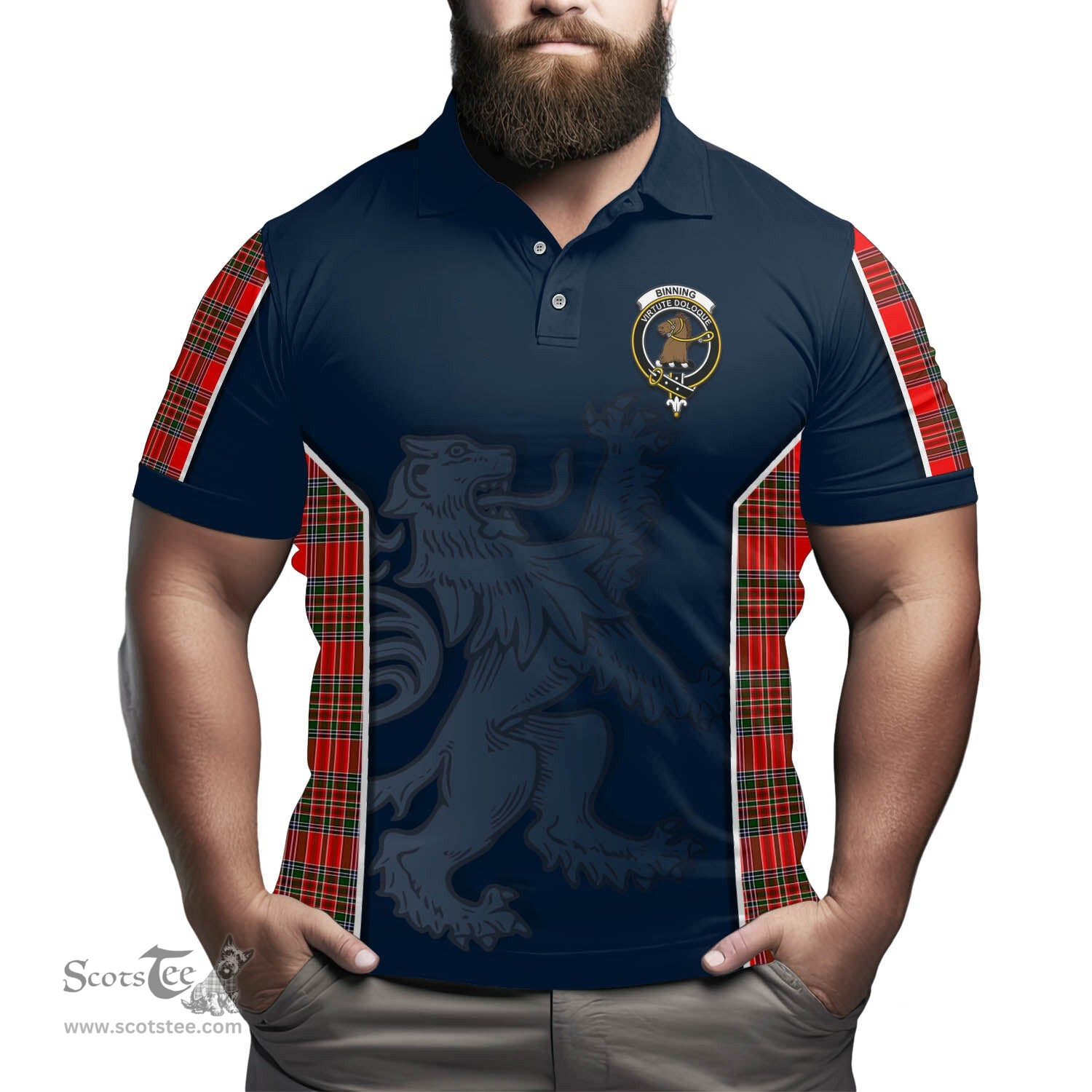 ScotsTee Shop Scottish Binning Clan Crest Scottish Lion Rampant Sport Style Tartan Polo Shirt