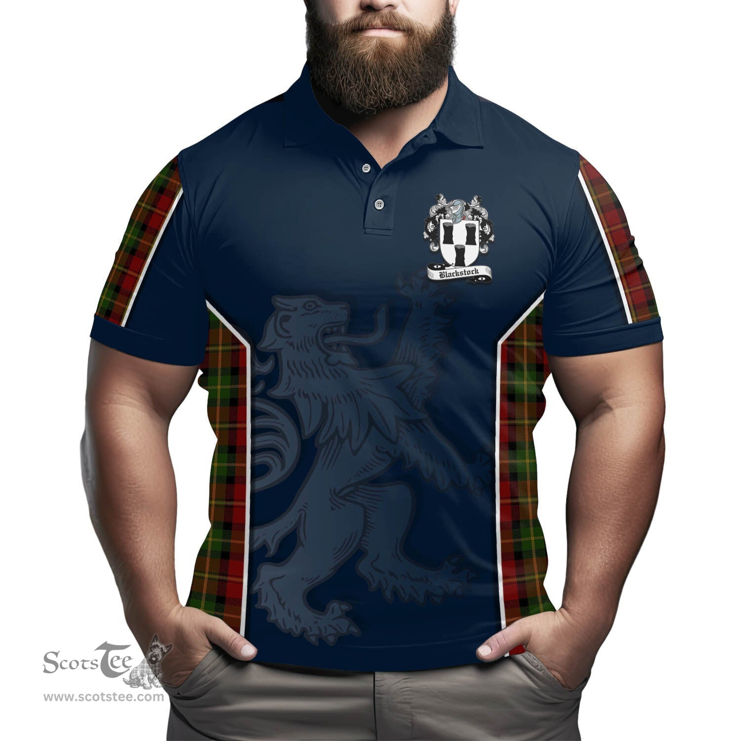 ScotsTee Shop Scottish Blackstock Red Dress Clan Crest Scottish Lion Rampant Sport Style Tartan Polo Shirt