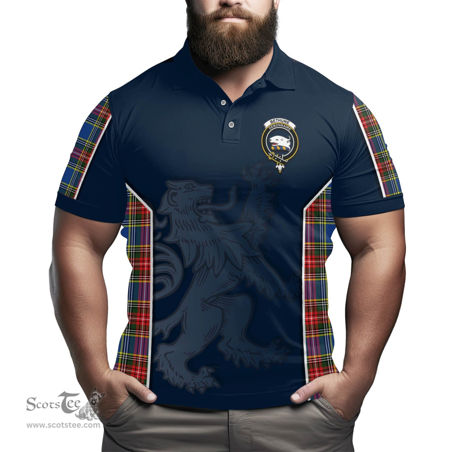 ScotsTee Shop Scottish Bethune Clan Crest Scottish Lion Rampant Sport Style Tartan Polo Shirt