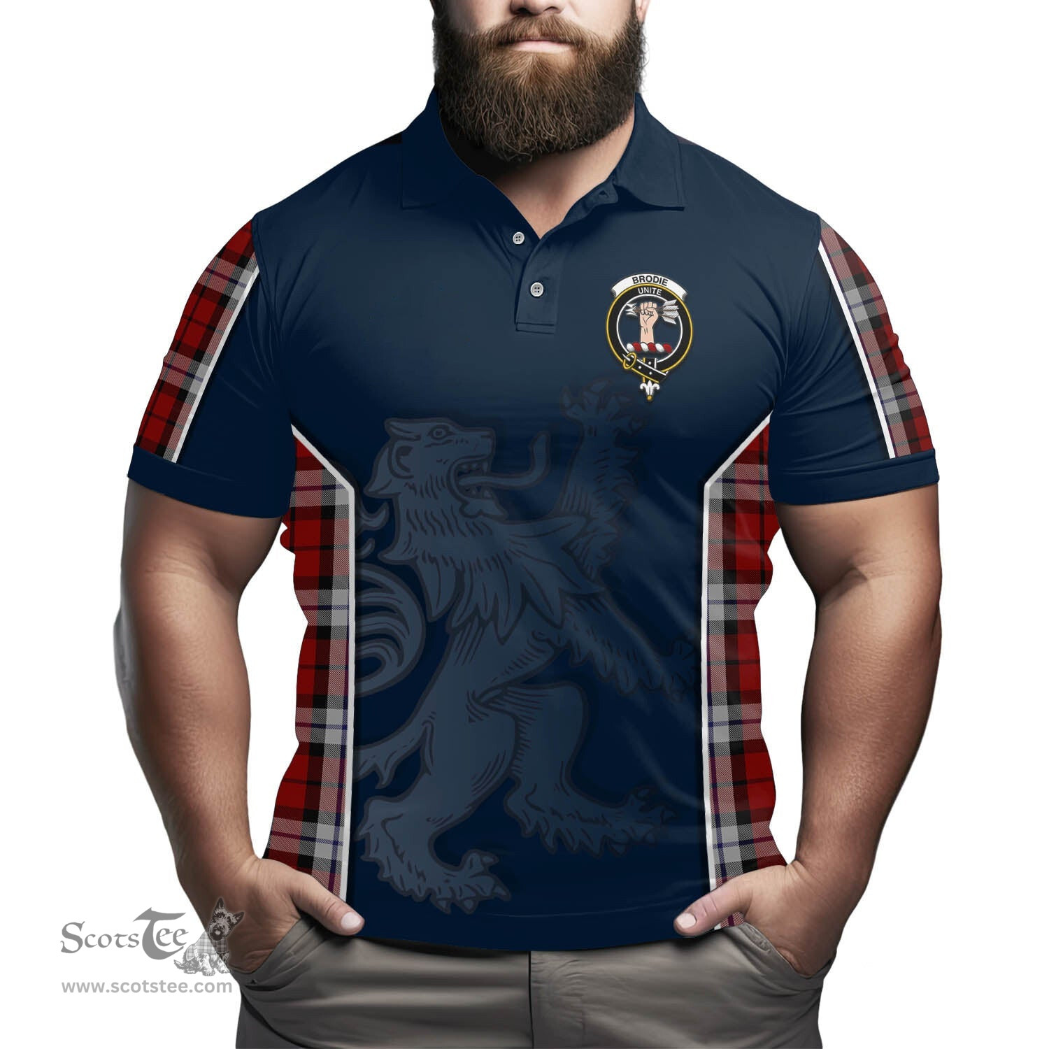 ScotsTee Shop Scottish Brodie Dress Clan Crest Scottish Lion Rampant Sport Style Tartan Polo Shirt