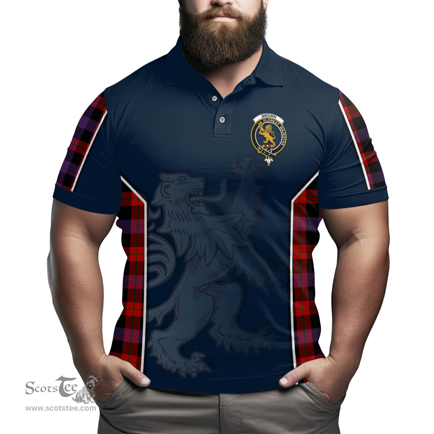 ScotsTee Shop Scottish Brown Clan Crest Scottish Lion Rampant Sport Style Tartan Polo Shirt