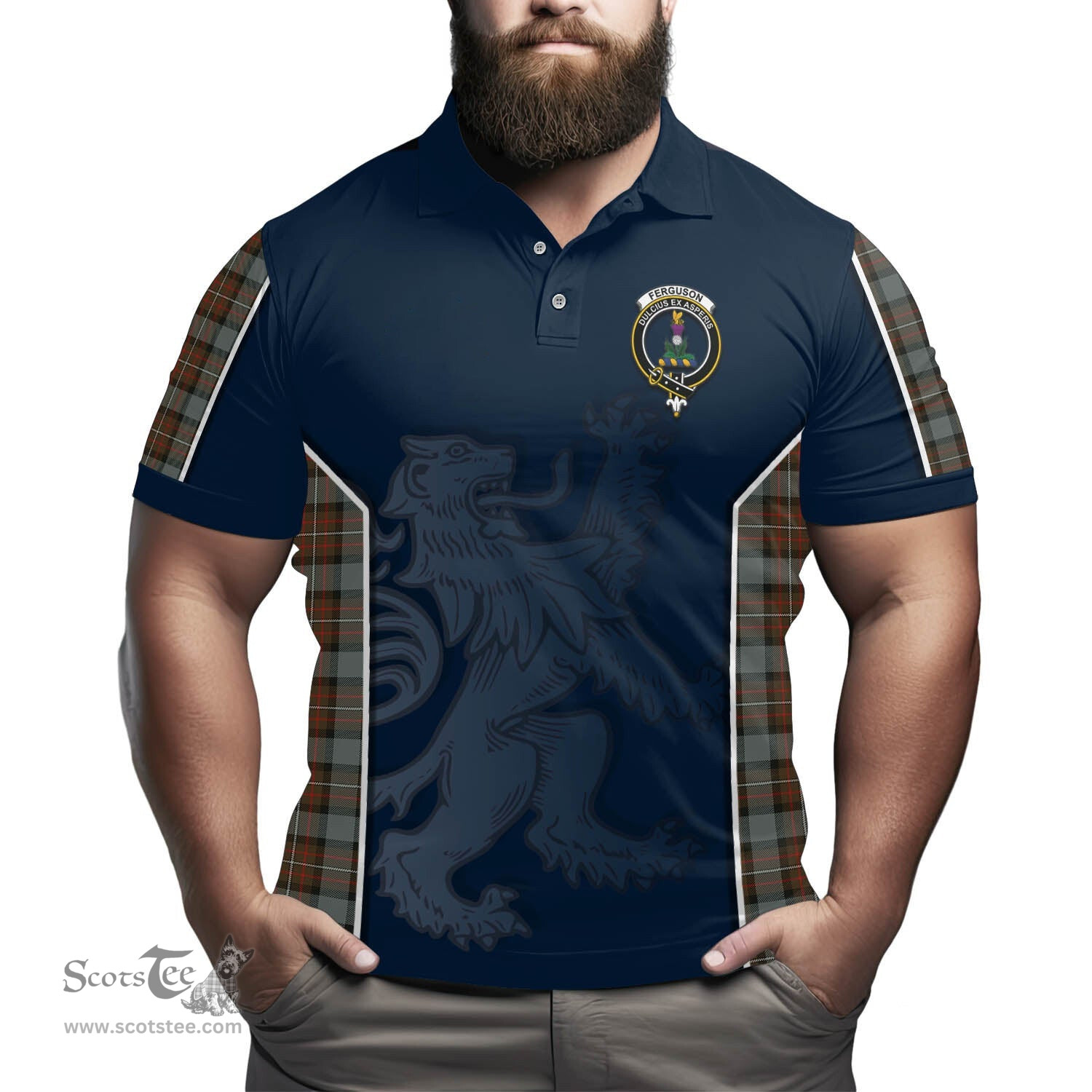 ScotsTee Shop Scottish Ferguson Weathered Clan Crest Scottish Lion Rampant Sport Style Tartan Polo Shirt