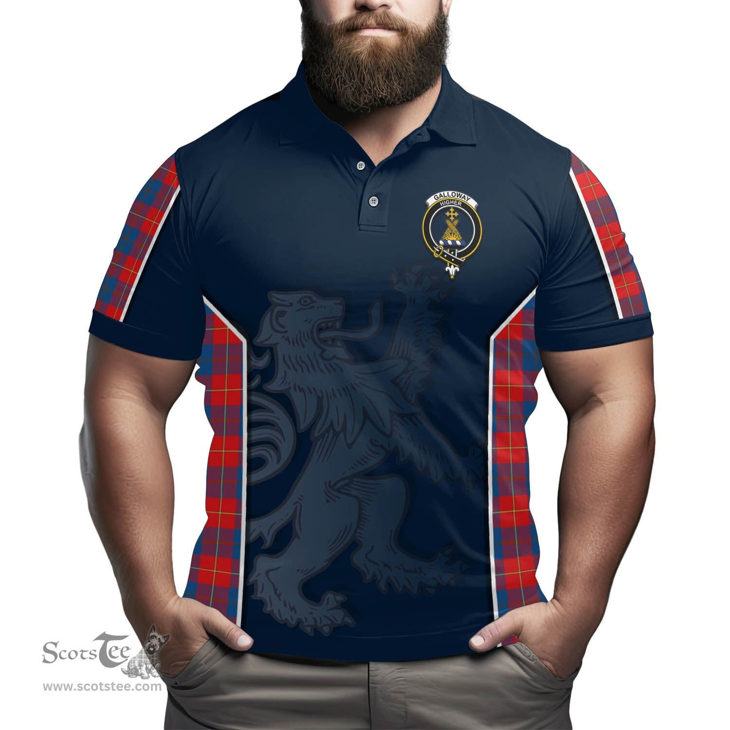 ScotsTee Shop Scottish Galloway Red Clan Crest Scottish Lion Rampant Sport Style Tartan Polo Shirt