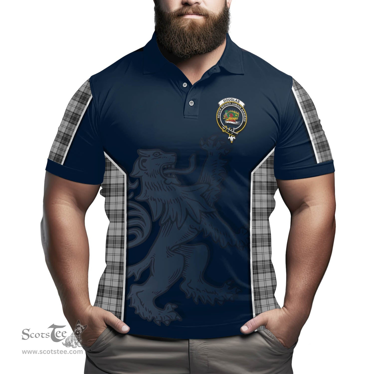 ScotsTee Shop Scottish Douglas Grey Modern Clan Crest Scottish Lion Rampant Sport Style Tartan Polo Shirt