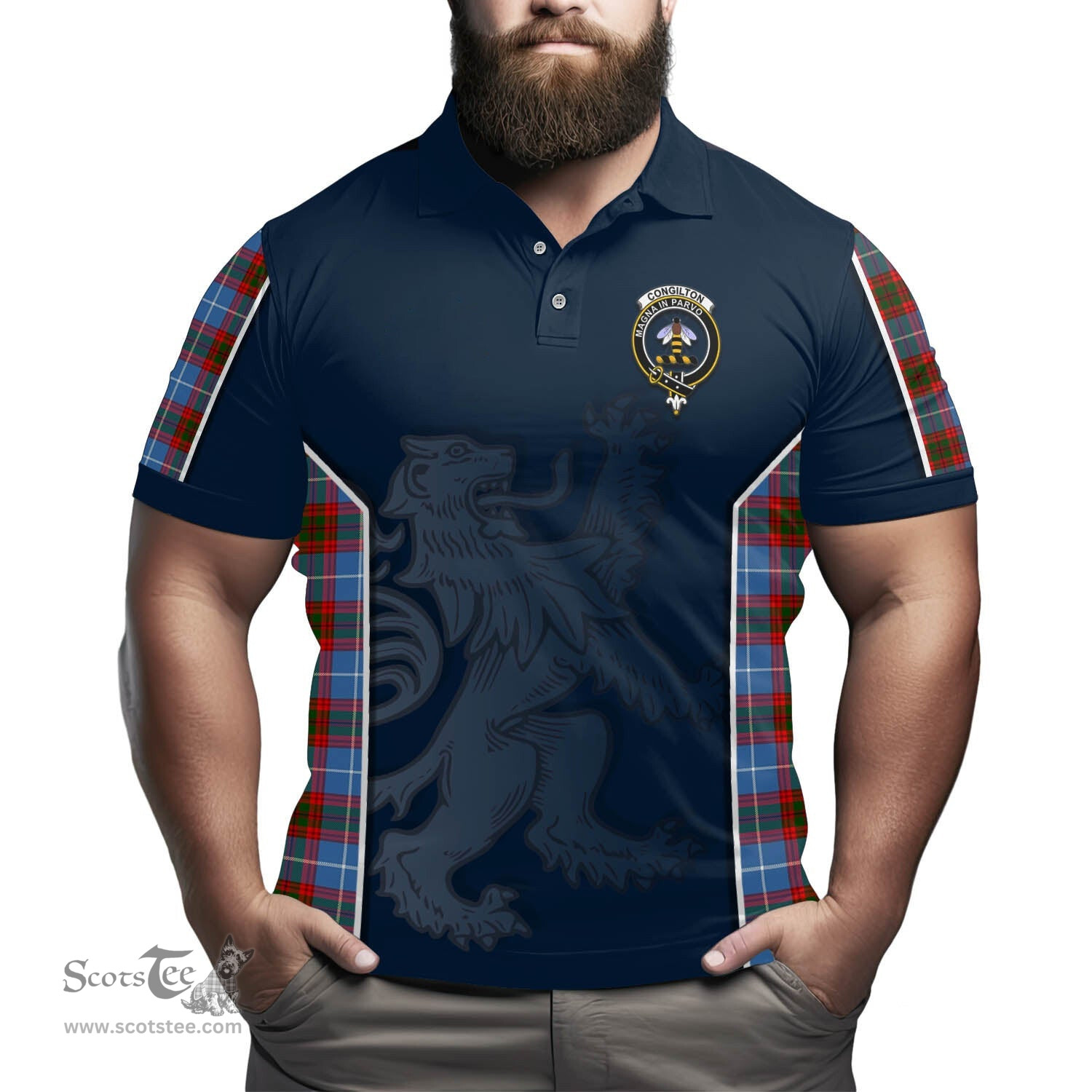 ScotsTee Shop Scottish Congilton Clan Crest Scottish Lion Rampant Sport Style Tartan Polo Shirt