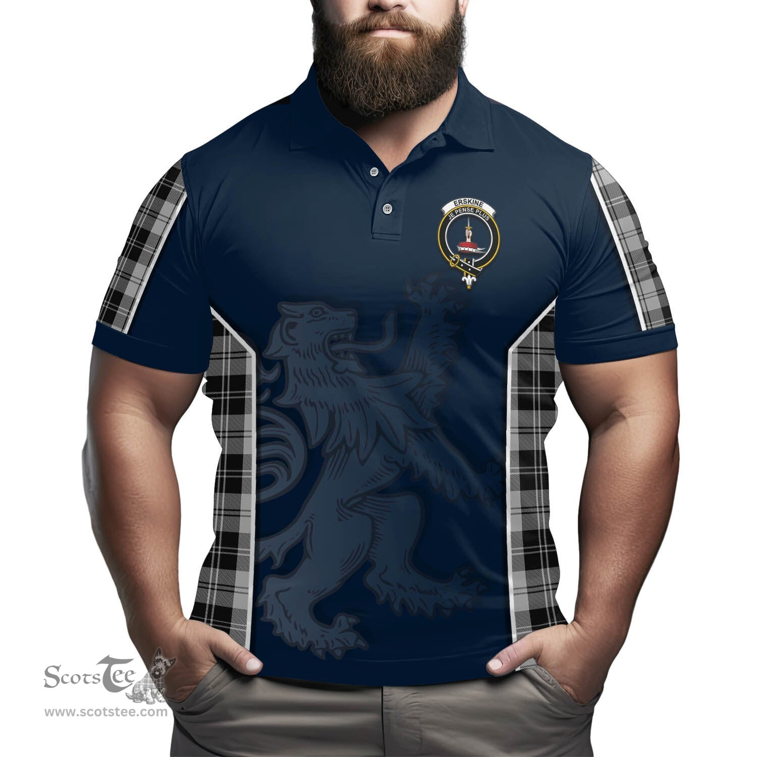 ScotsTee Shop Scottish Erskine Black and White Clan Crest Scottish Lion Rampant Sport Style Tartan Polo Shirt