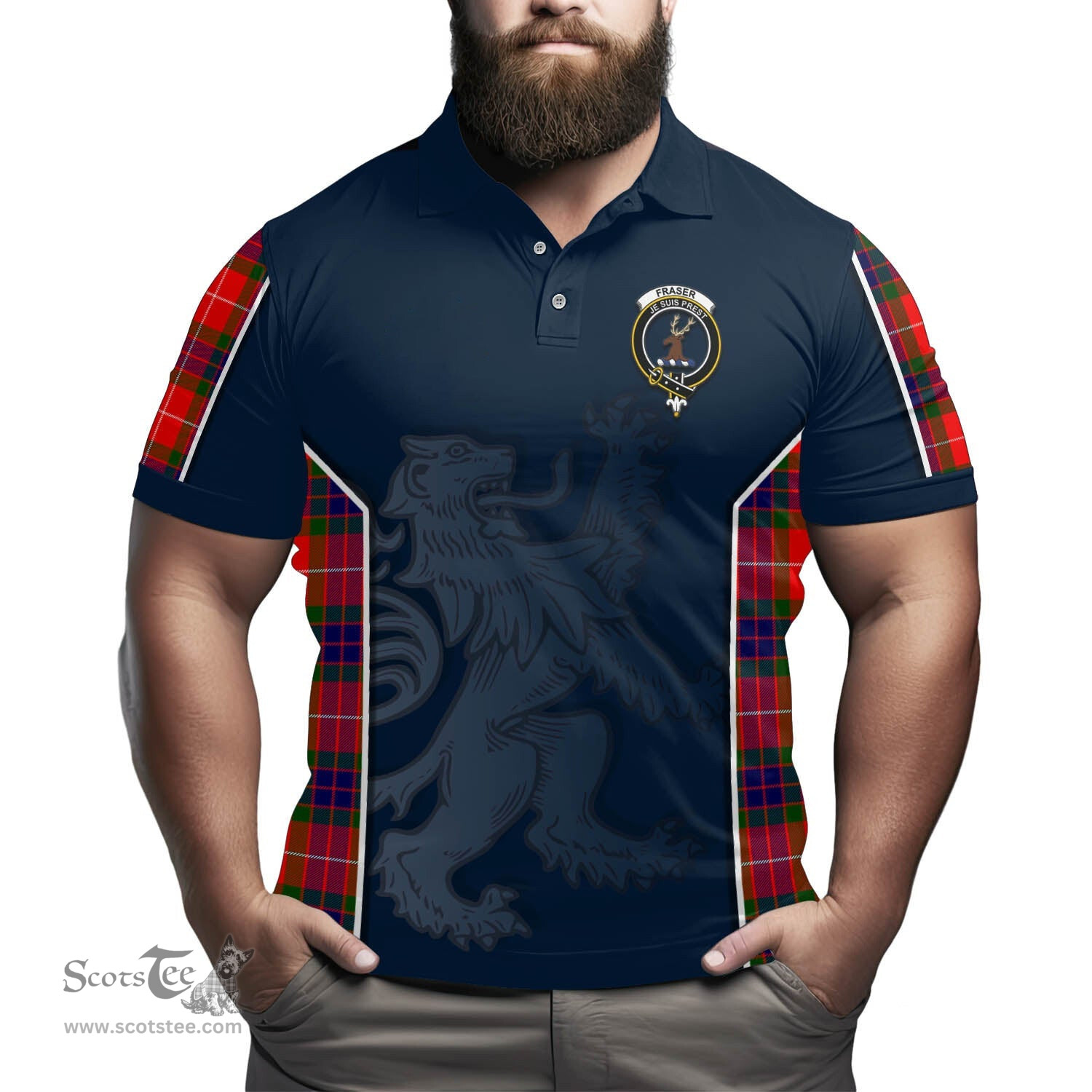 ScotsTee Shop Scottish Fraser Modern Clan Crest Scottish Lion Rampant Sport Style Tartan Polo Shirt