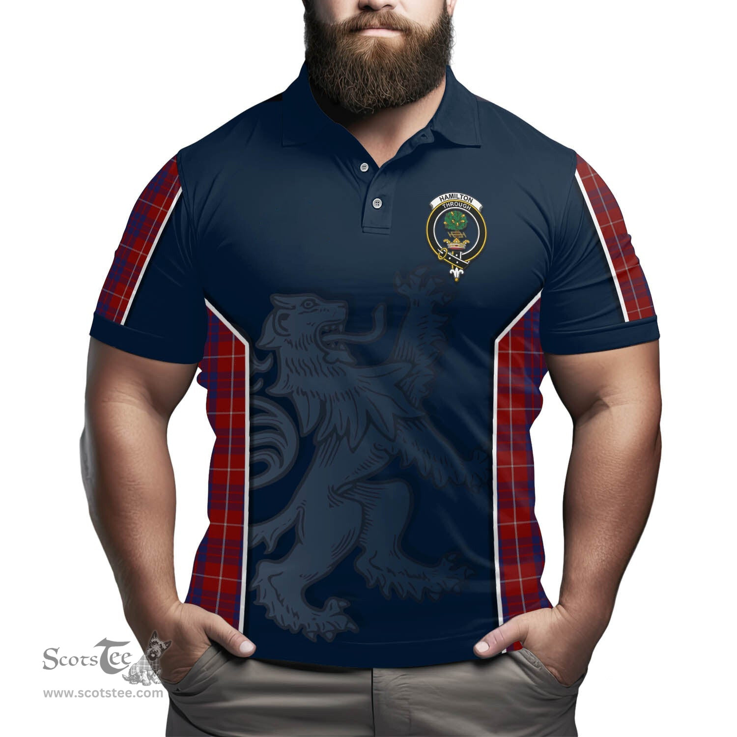 ScotsTee Shop Scottish Hamilton Clan Crest Scottish Lion Rampant Sport Style Tartan Polo Shirt