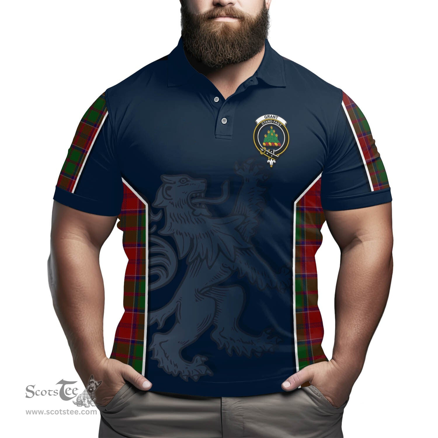ScotsTee Shop Scottish Grant Clan Crest Scottish Lion Rampant Sport Style Tartan Polo Shirt