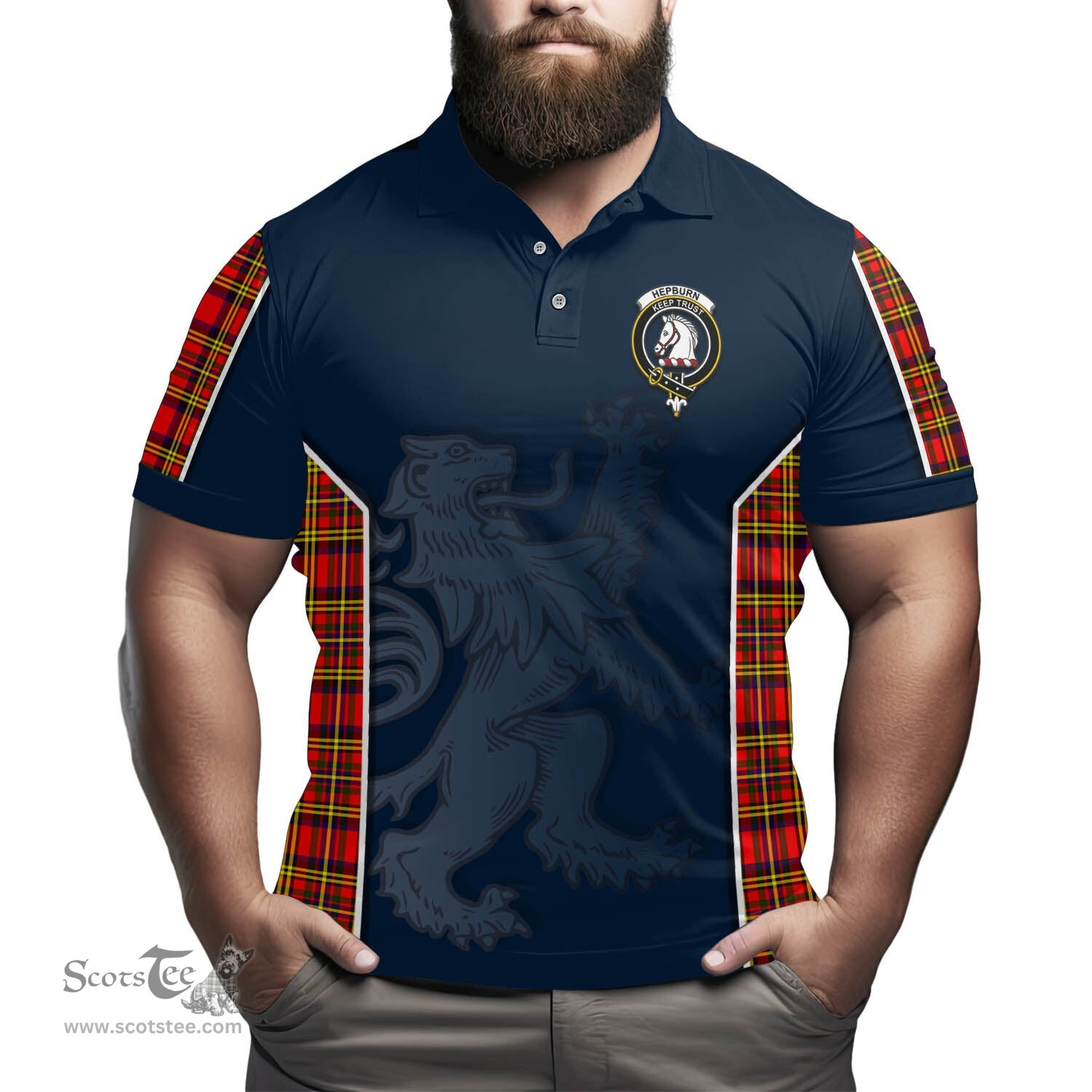 ScotsTee Shop Scottish Hepburn Modern Clan Crest Scottish Lion Rampant Sport Style Tartan Polo Shirt