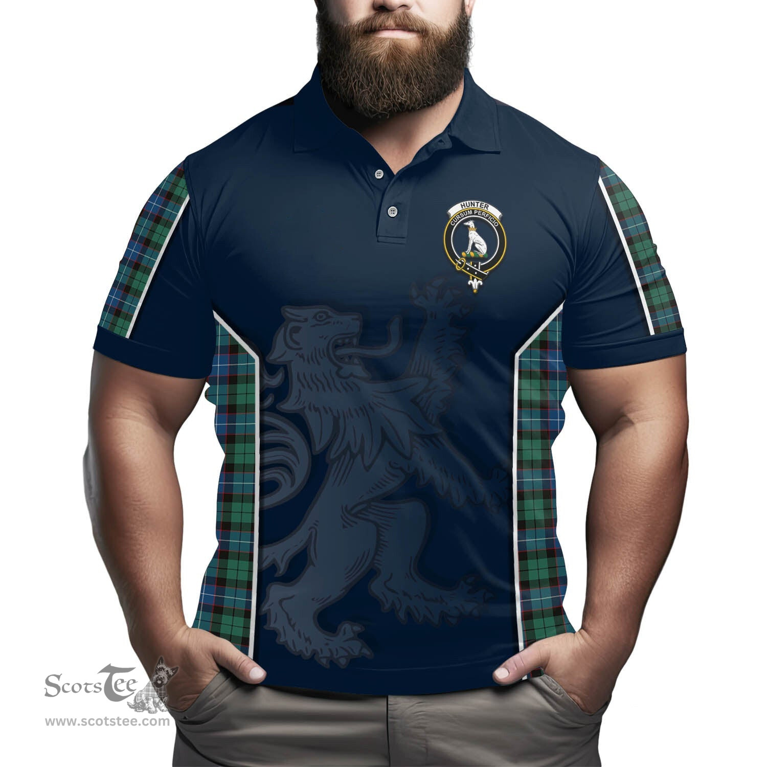 ScotsTee Shop Scottish Hunter Ancient Clan Crest Scottish Lion Rampant Sport Style Tartan Polo Shirt