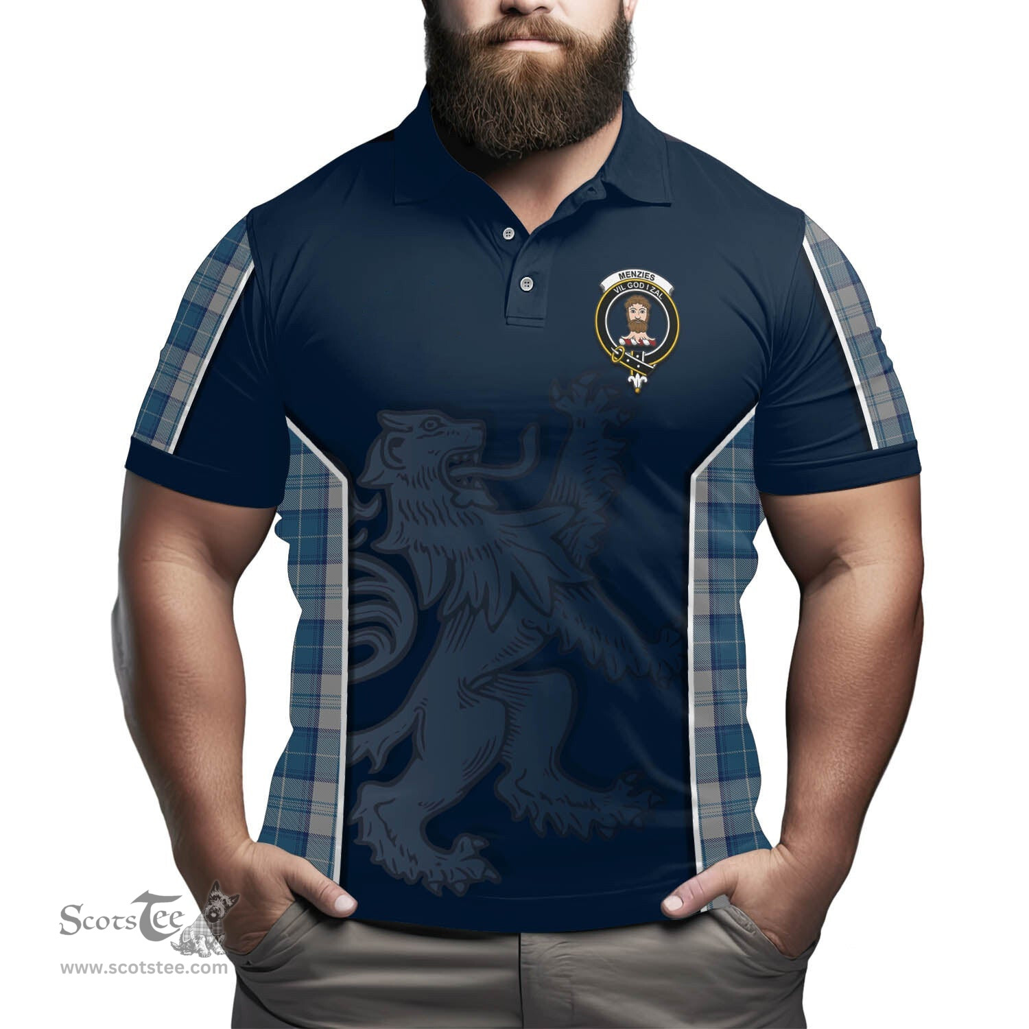 ScotsTee Shop Scottish Menzies Dress Blue and White Clan Crest Scottish Lion Rampant Sport Style Tartan Polo Shirt