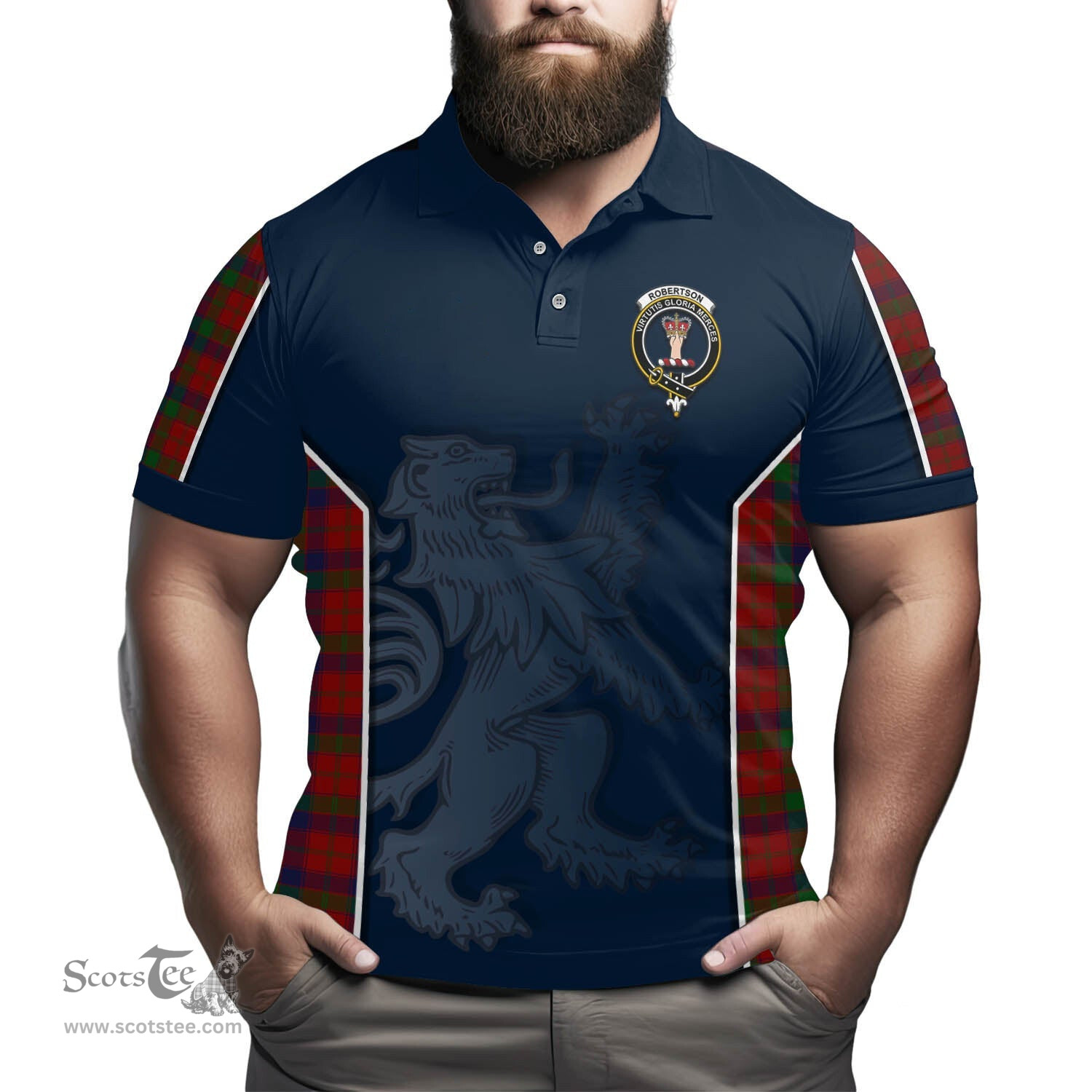 ScotsTee Shop Scottish Robertson Clan Crest Scottish Lion Rampant Sport Style Tartan Polo Shirt
