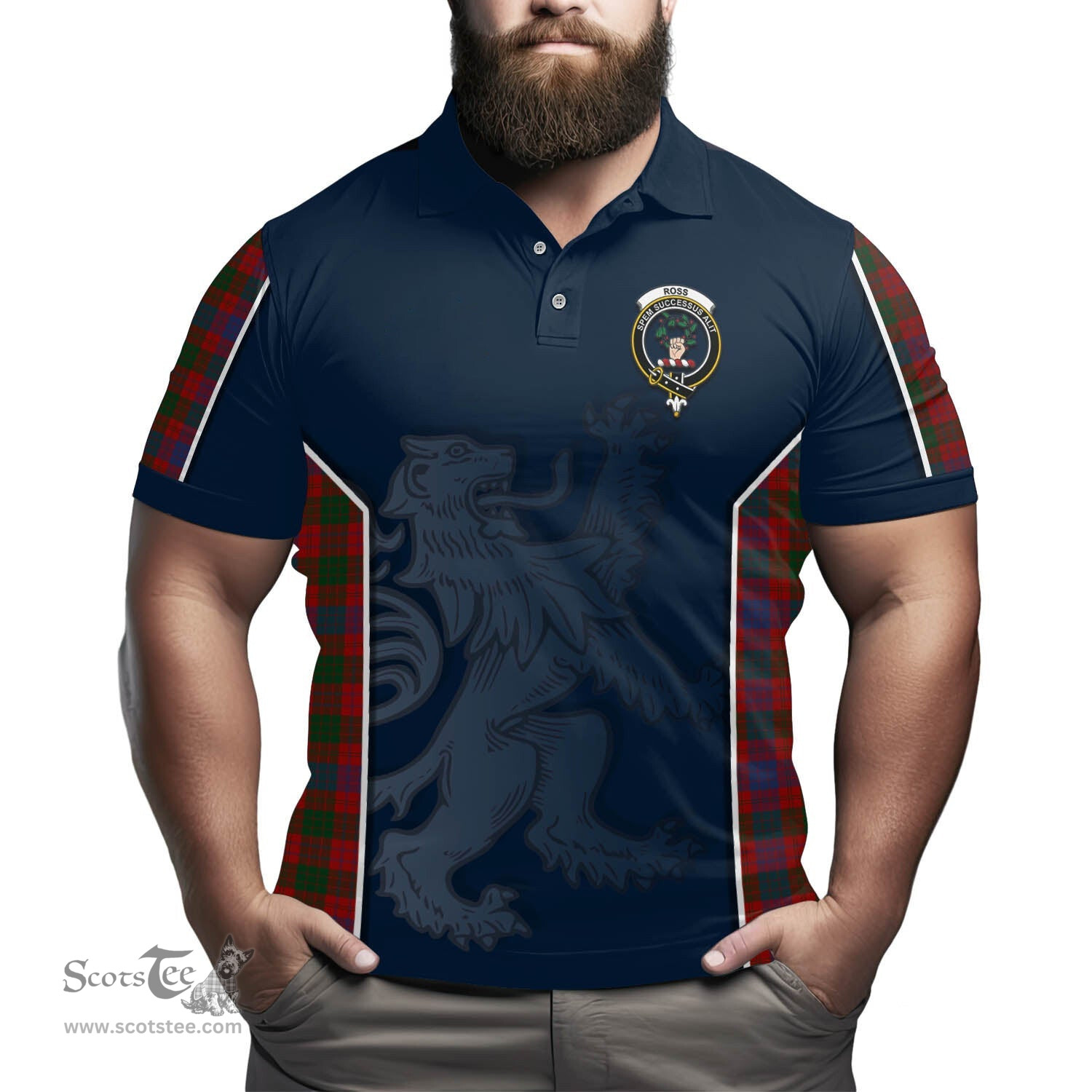 ScotsTee Shop Scottish Ross Clan Crest Scottish Lion Rampant Sport Style Tartan Polo Shirt