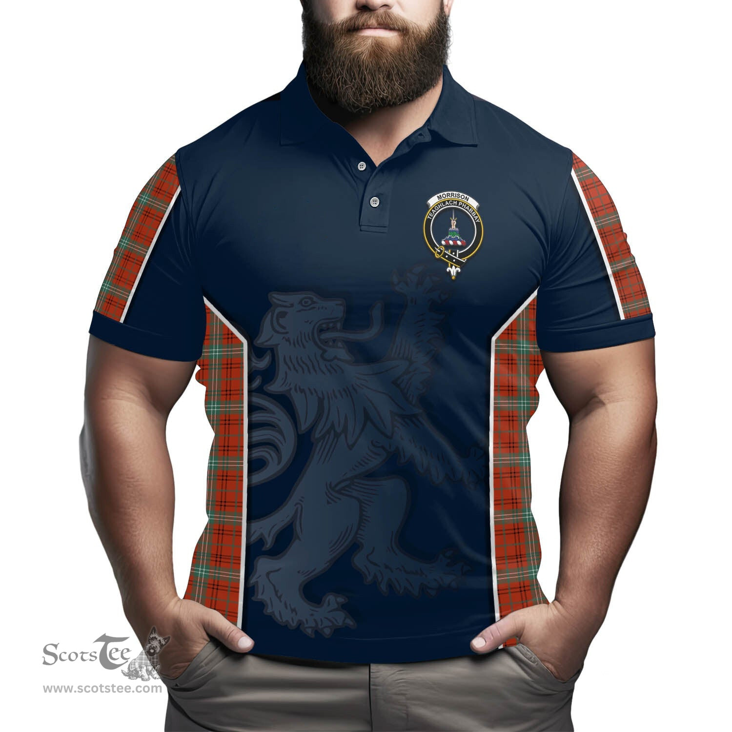 ScotsTee Shop Scottish Morrison Red Ancient Clan Crest Scottish Lion Rampant Sport Style Tartan Polo Shirt