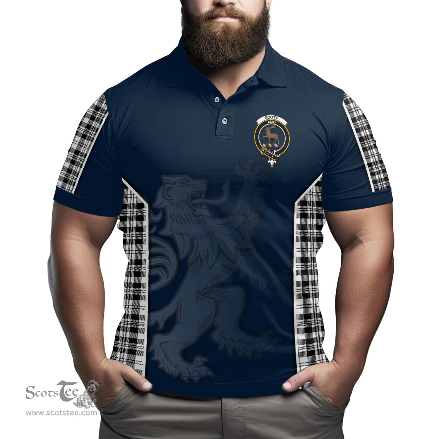 ScotsTee Shop Scottish Scott Black White Clan Crest Scottish Lion Rampant Sport Style Tartan Polo Shirt