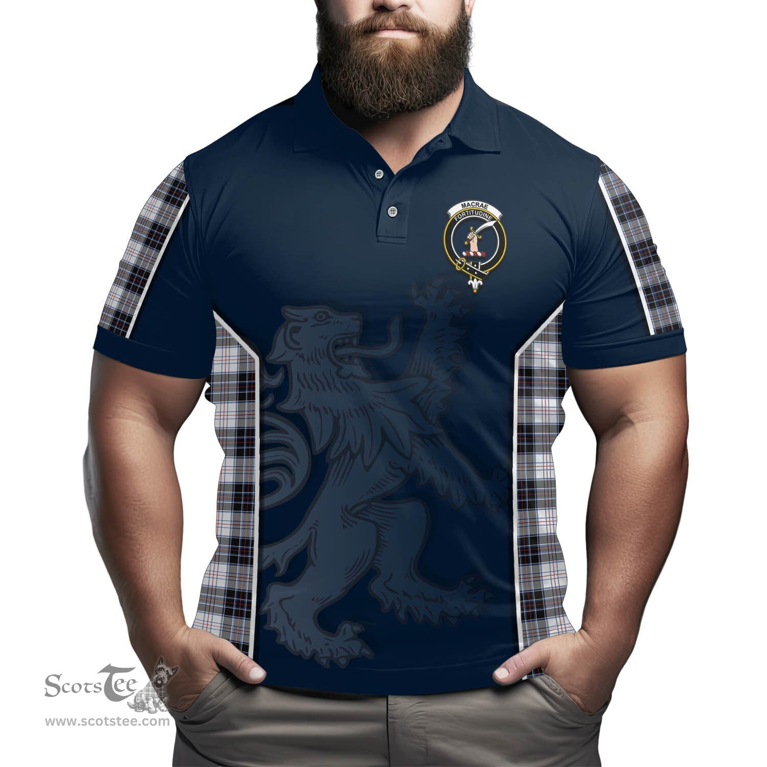 ScotsTee Shop Scottish MacRae Dress Modern Clan Crest Scottish Lion Rampant Sport Style Tartan Polo Shirt