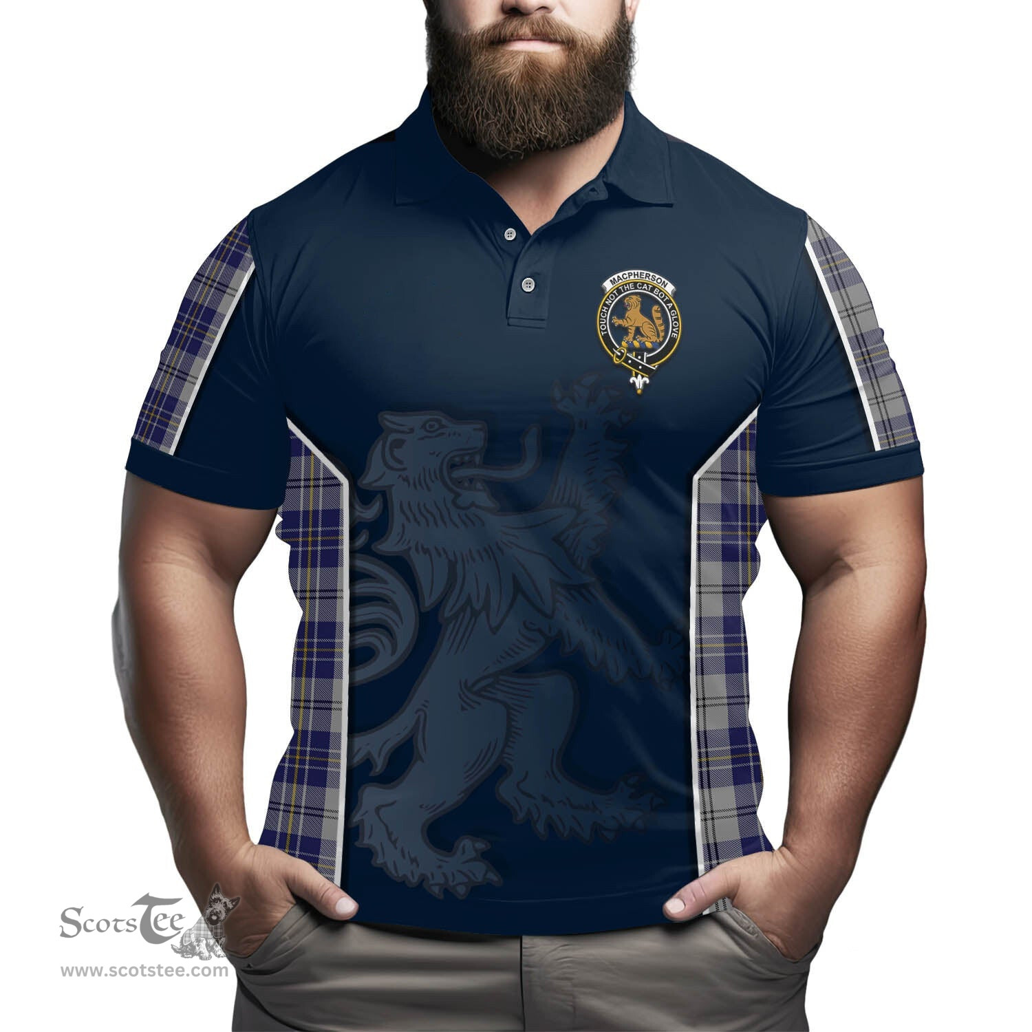 ScotsTee Shop Scottish MacPherson Dress Blue Clan Crest Scottish Lion Rampant Sport Style Tartan Polo Shirt