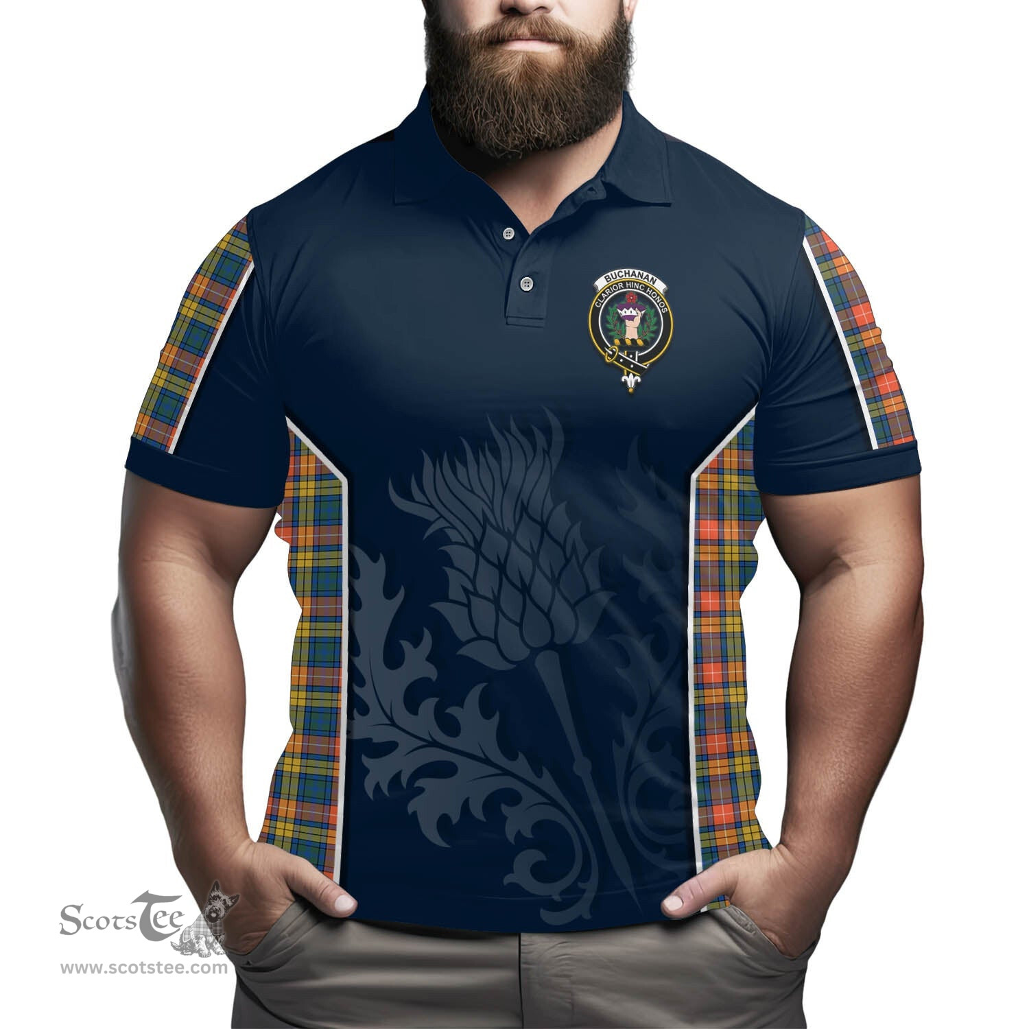 ScotsTee Shop Scottish Buchanan Ancient Clan Crest Scottish Thistle Sport Style Tartan Polo Shirt