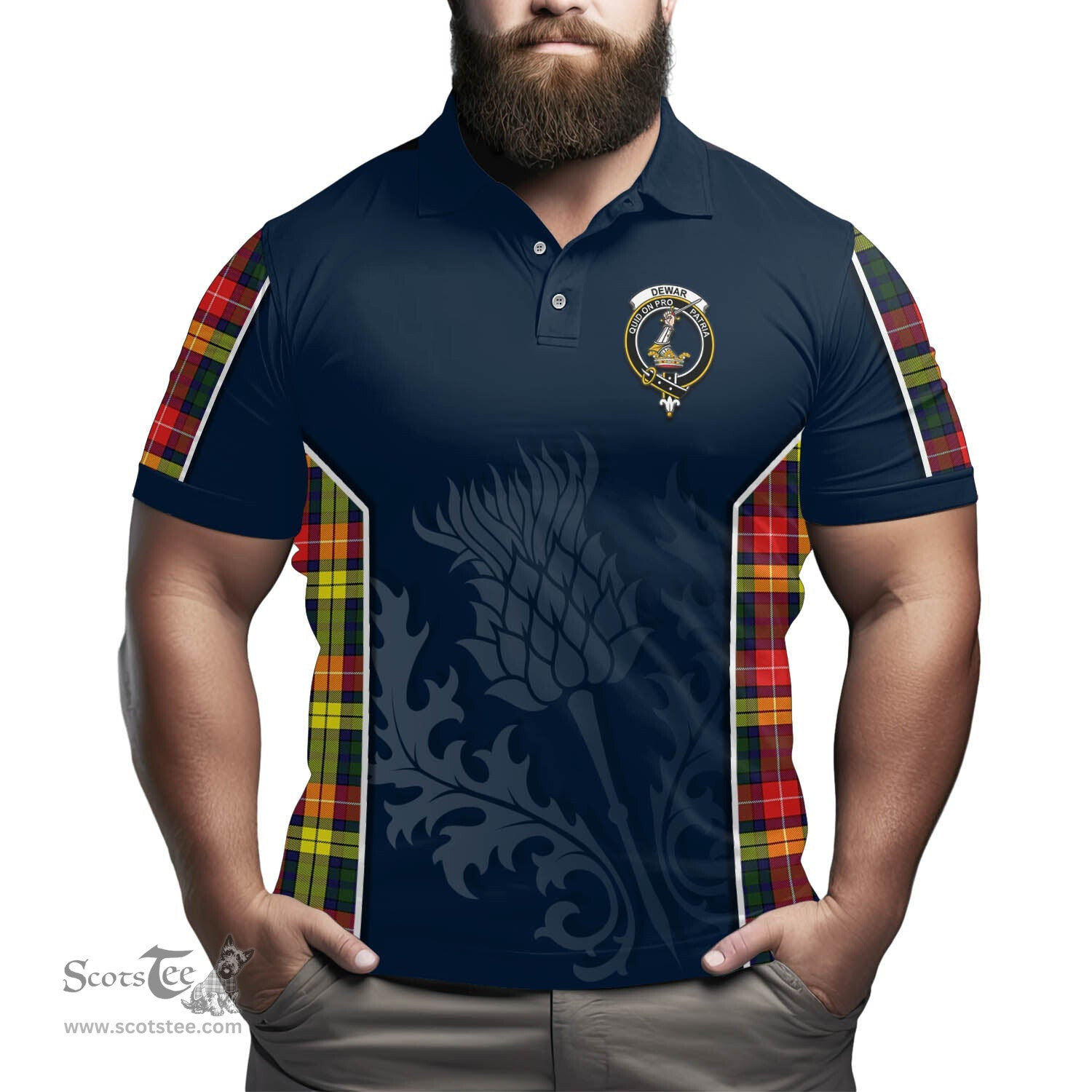 ScotsTee Shop Scottish Dewar Clan Crest Scottish Thistle Sport Style Tartan Polo Shirt