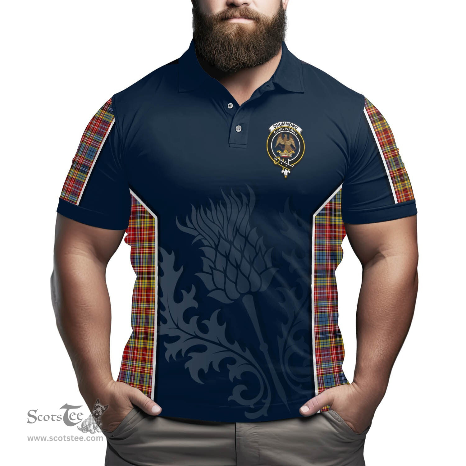 ScotsTee Shop Scottish Drummond of Strathallan Modern Clan Crest Scottish Thistle Sport Style Tartan Polo Shirt