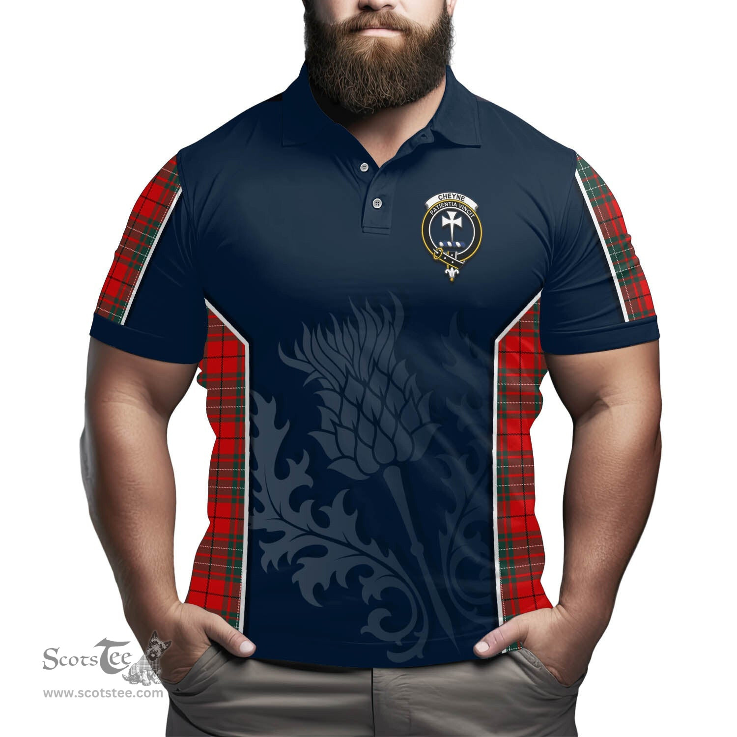 ScotsTee Shop Scottish Cheyne Clan Crest Scottish Thistle Sport Style Tartan Polo Shirt