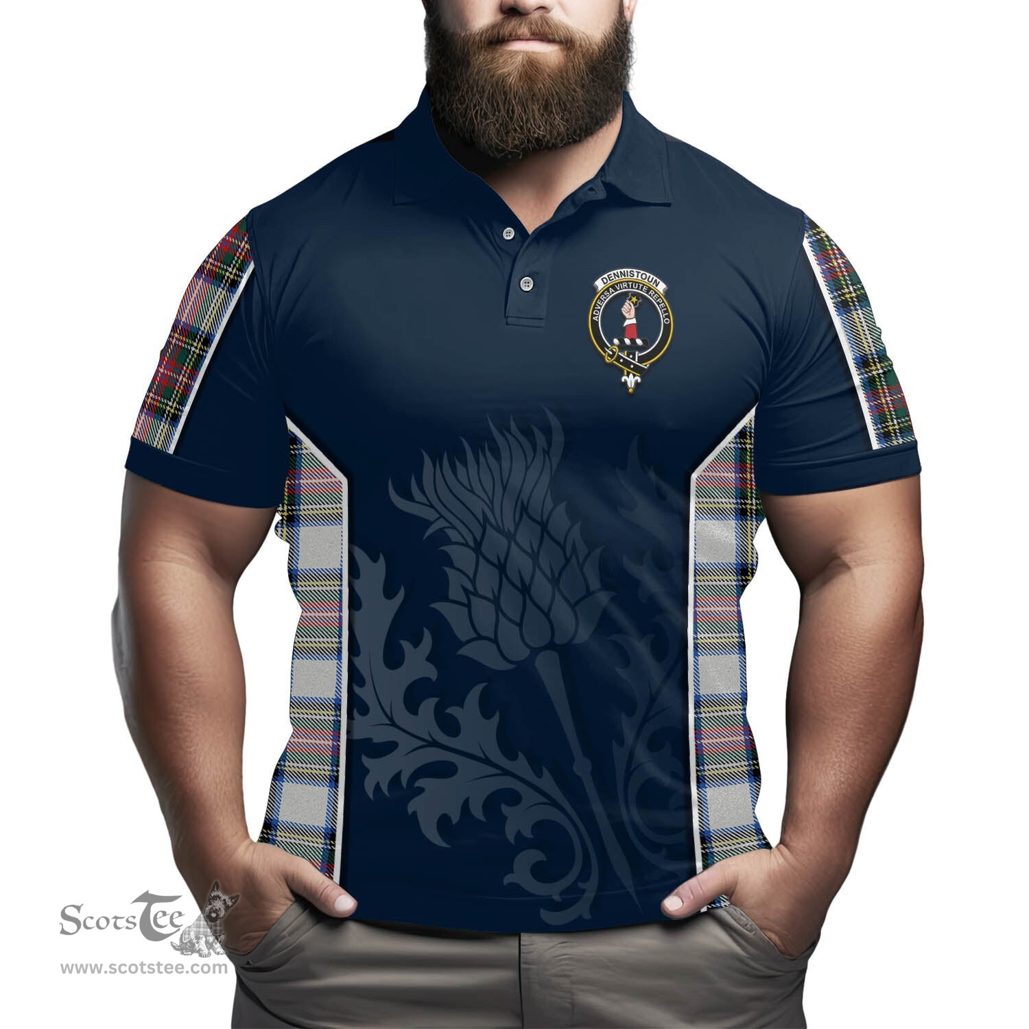 ScotsTee Shop Scottish Dennistoun Clan Crest Scottish Thistle Sport Style Tartan Polo Shirt