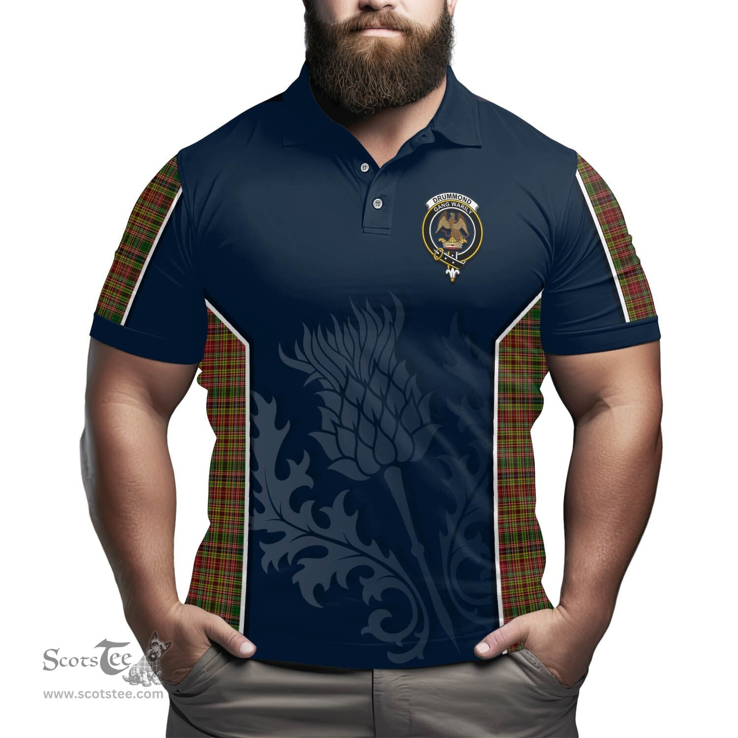 ScotsTee Shop Scottish Drummond of Strathallan Clan Crest Scottish Thistle Sport Style Tartan Polo Shirt