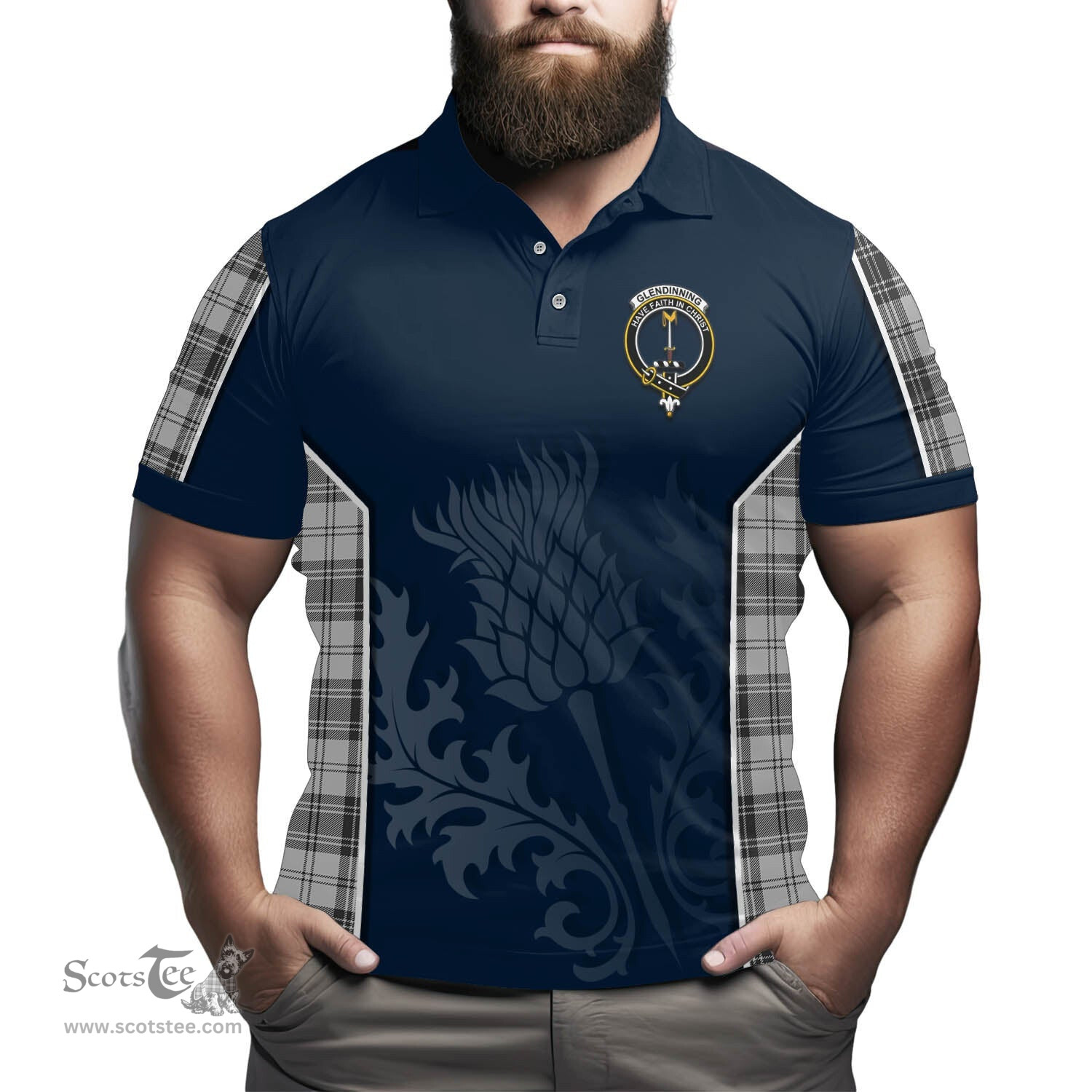 ScotsTee Shop Scottish Glendinning Clan Crest Scottish Thistle Sport Style Tartan Polo Shirt