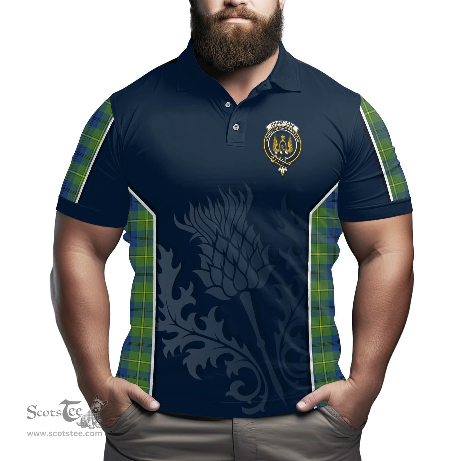 ScotsTee Shop Scottish Johnstone-Johnston Ancient Clan Crest Scottish Thistle Sport Style Tartan Polo Shirt