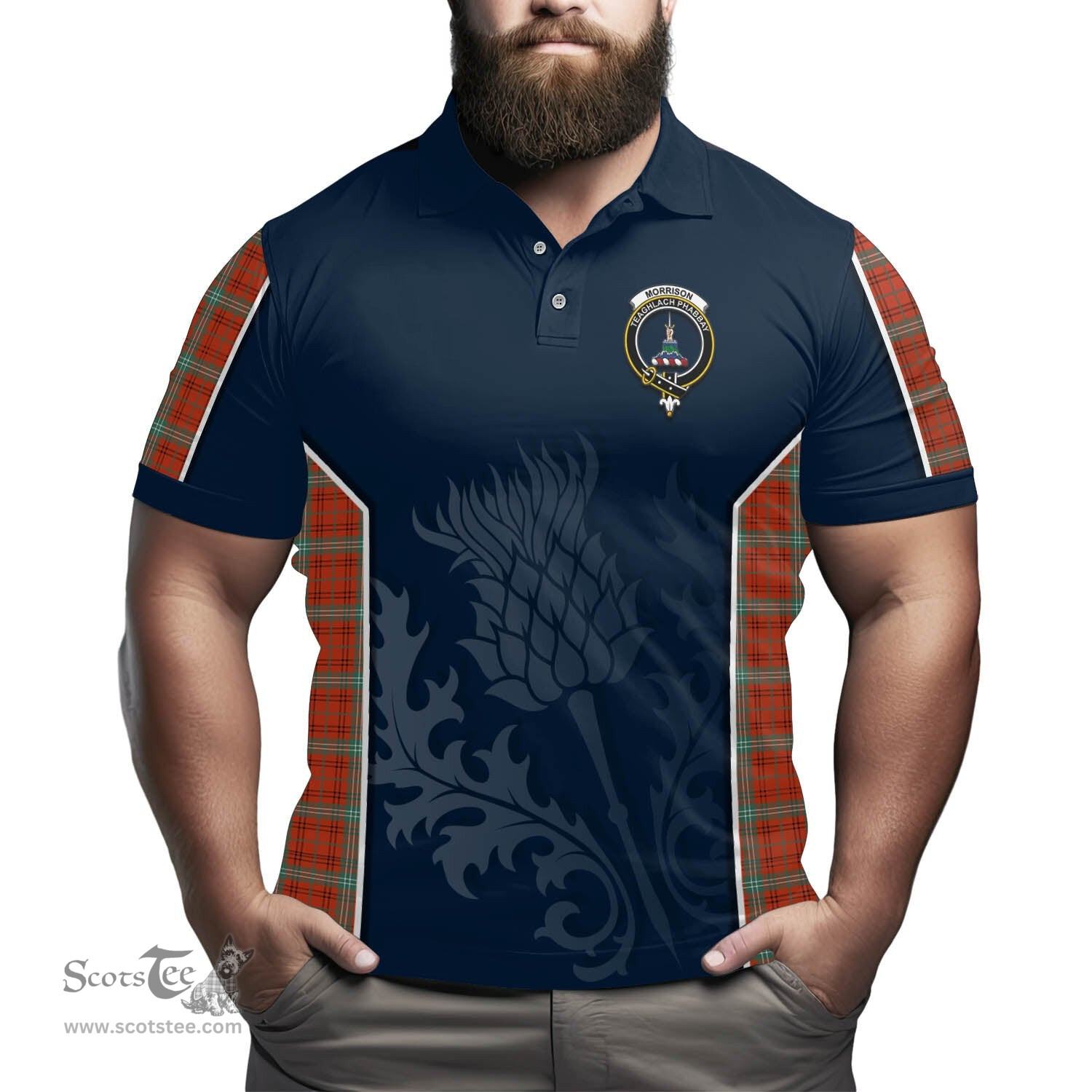 ScotsTee Shop Scottish Morrison Red Ancient Clan Crest Scottish Thistle Sport Style Tartan Polo Shirt