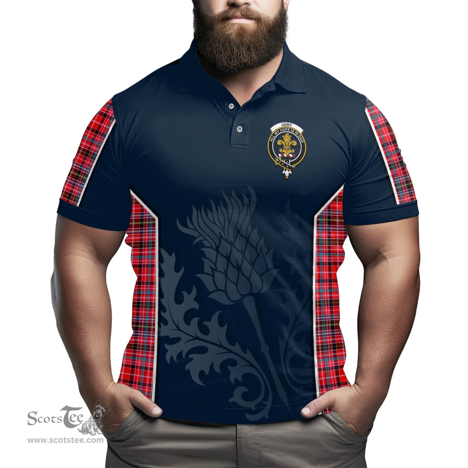 ScotsTee Shop Scottish Udny Clan Crest Scottish Thistle Sport Style Tartan Polo Shirt