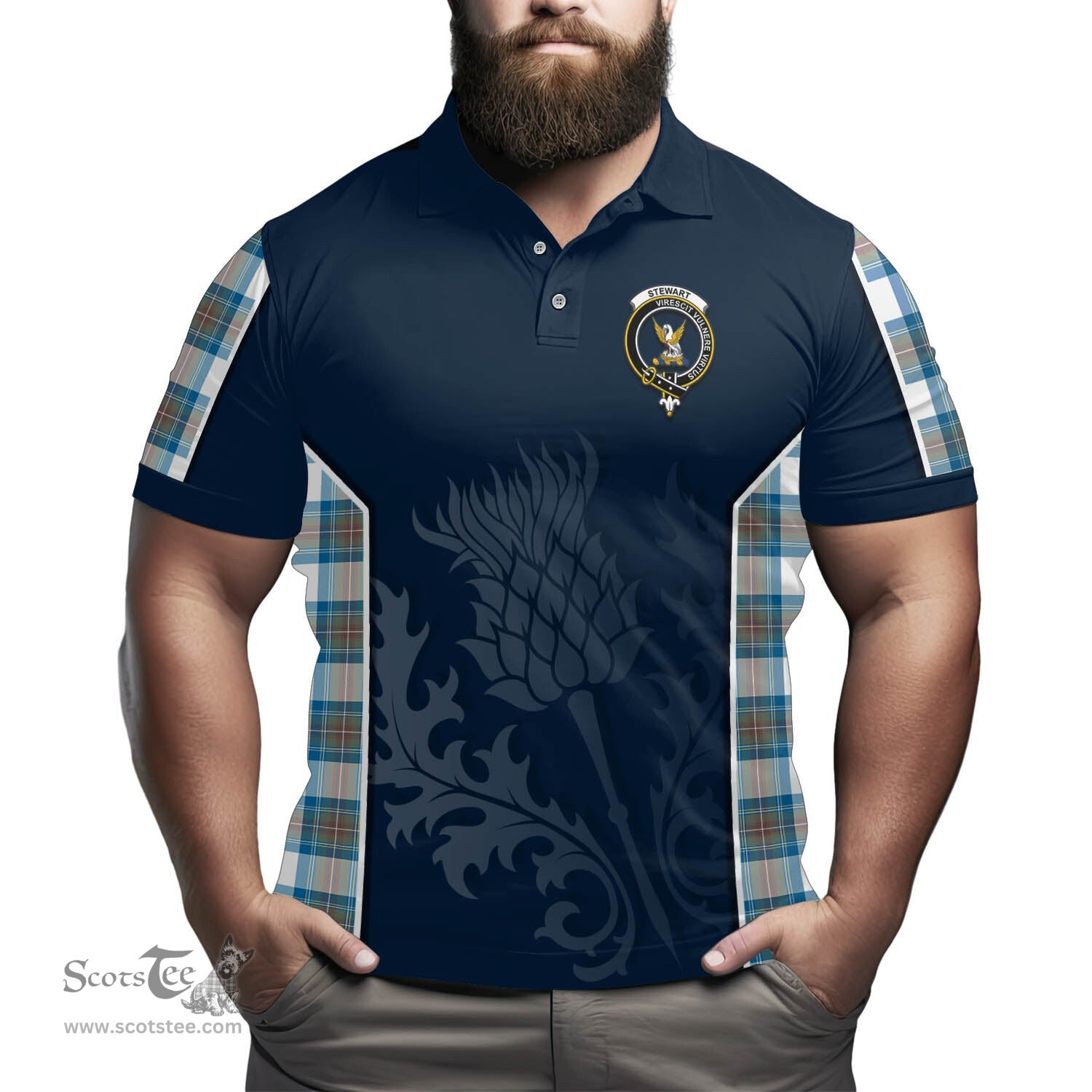 ScotsTee Shop Scottish Stewart Muted Blue Clan Crest Scottish Thistle Sport Style Tartan Polo Shirt