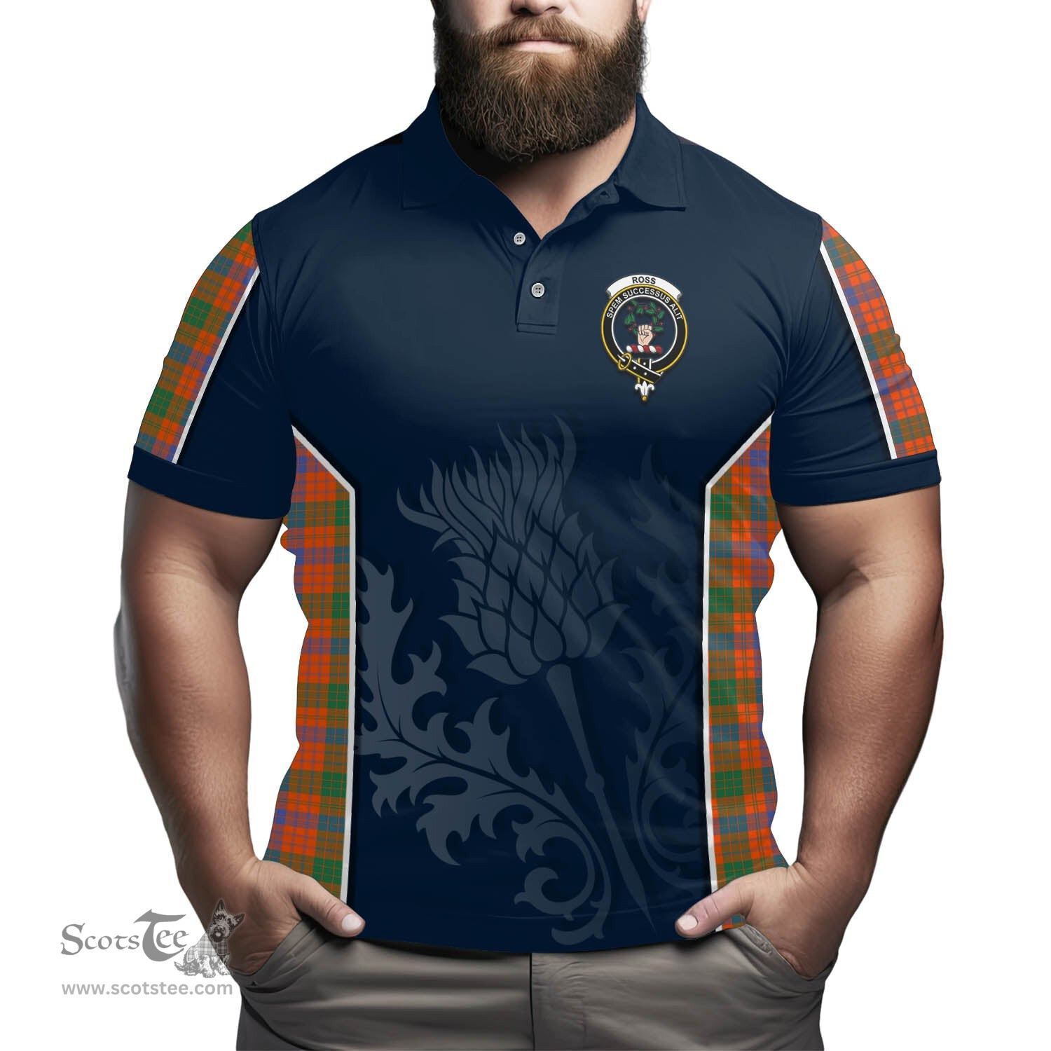 ScotsTee Shop Scottish Ross Ancient Clan Crest Scottish Thistle Sport Style Tartan Polo Shirt